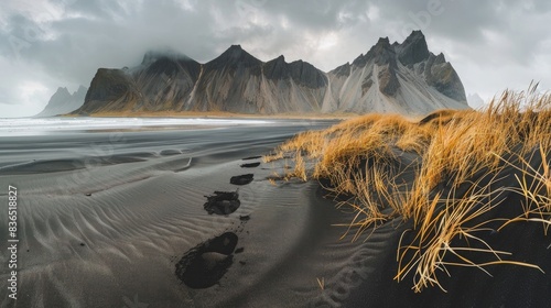 panoramic view of vestrahorn mountain in iceland, black sand beach with tall grass and footprints, epic landscape photography photo