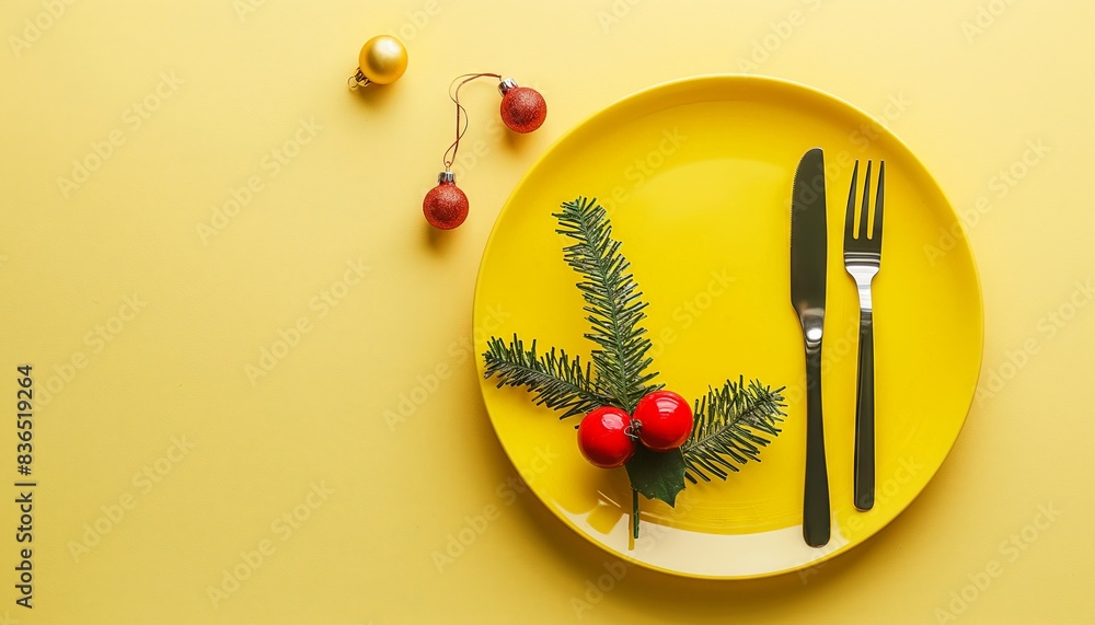 New Year dining setup with Christmas decorations on yellow, top view plate and silverware with gold ball, stars, and fir branches in flat lay. New Year dining setup with Christmas decorations on yellow, top view plate and silverware with gold ball, stars, and fir branches in flat lay.