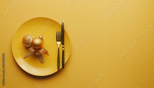 Festive New Year table on yellow background, top view plate and utensils with golden ball, stars, and pine branches in flat lay.