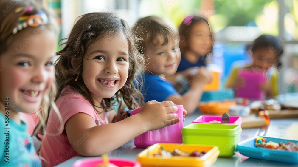 Preschool children eat lunch together at school, with colorful cutlery. Preschool children eat lunch together at school, with colorful cutlery.
