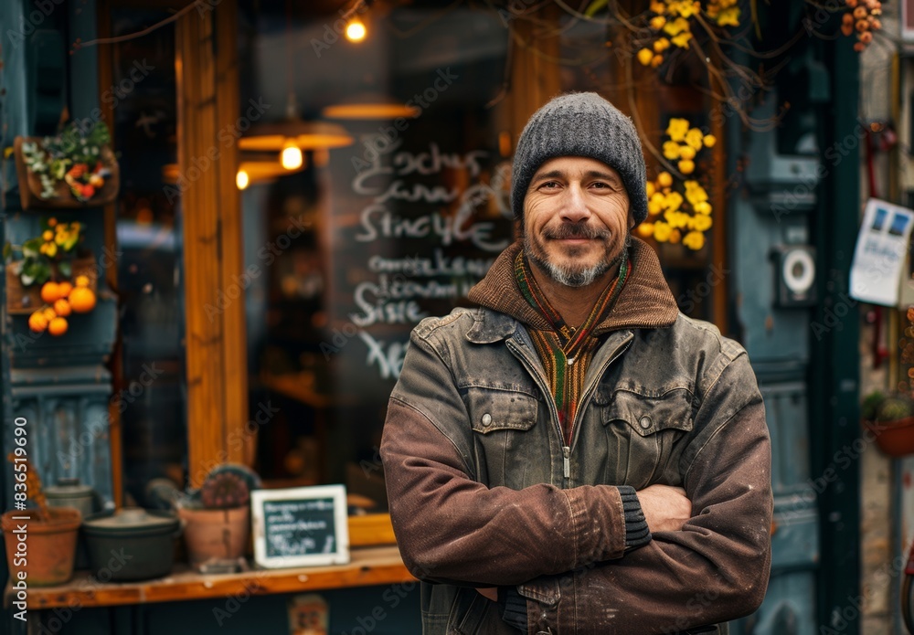 A confident small business owner proudly standing in front of their shop, reflecting the peace of mind and security offered by commercial insurance in supporting and protecting local enterprises. A confident small business owner proudly standing in front of their shop, reflecting the peace of mind and security offered by commercial insurance in supporting and protecting local enterprises.