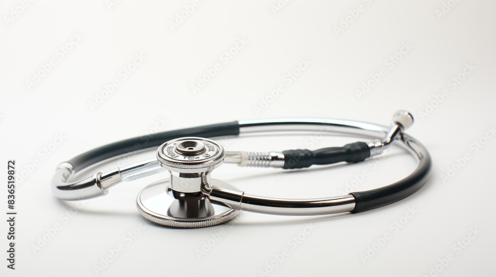 A silver and black stethoscope is on a white background A silver and black stethoscope is on a white background