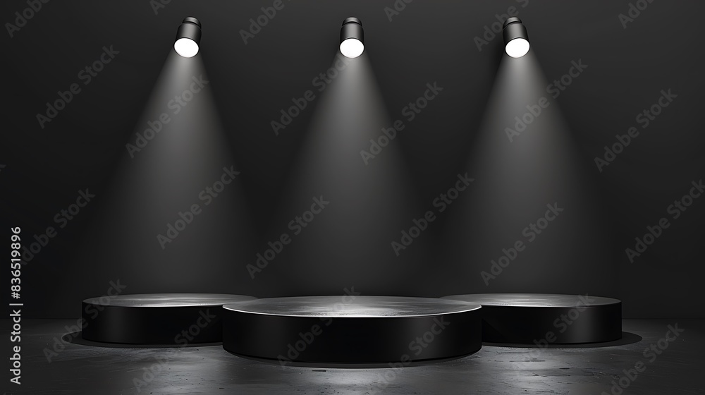Obraz premium Modern podium background with sleek, minimalist design. Monochrome color scheme with soft spotlights illuminating the podium