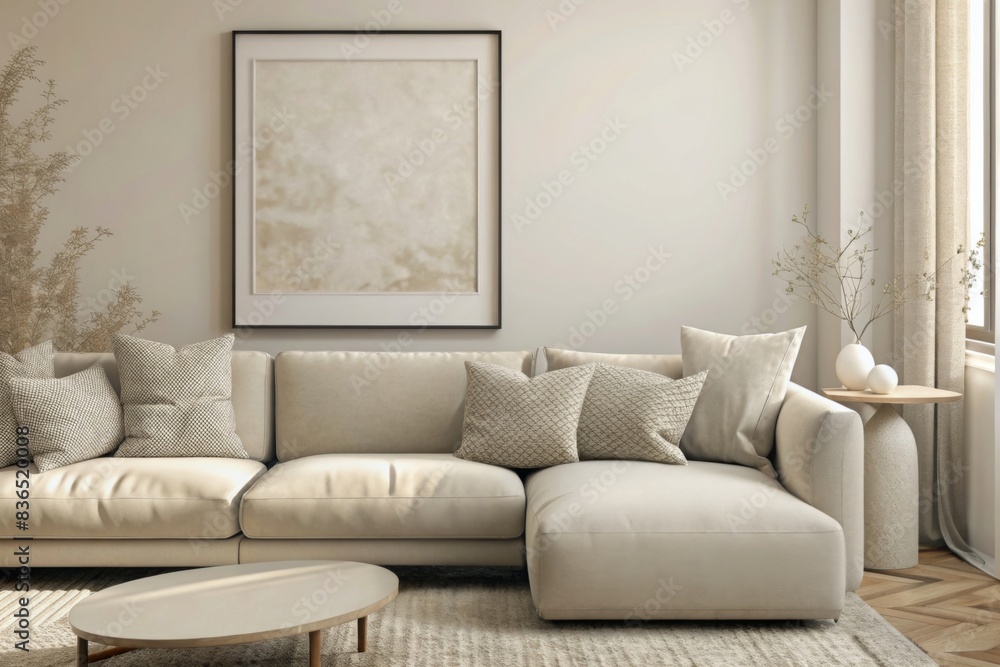 Fototapeta premium Photo mockup, living room with light grey sofa and small wooden coffee table near window