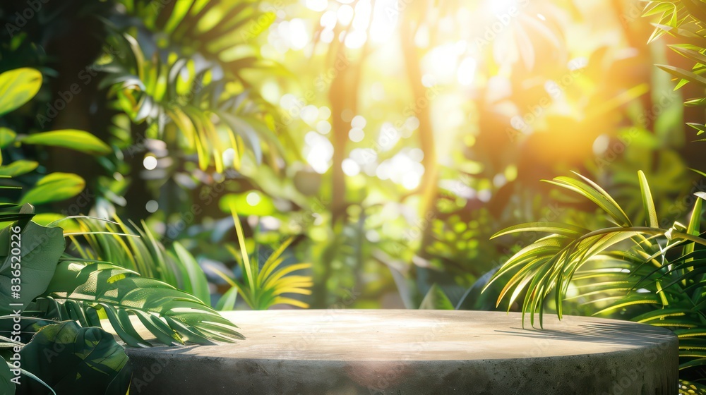 podium in tropical jungle with amazing light, very vibrant an lush foliage and blurred background to enhance the foreground podium in tropical jungle with amazing light, very vibrant an lush foliage and blurred background to enhance the foreground