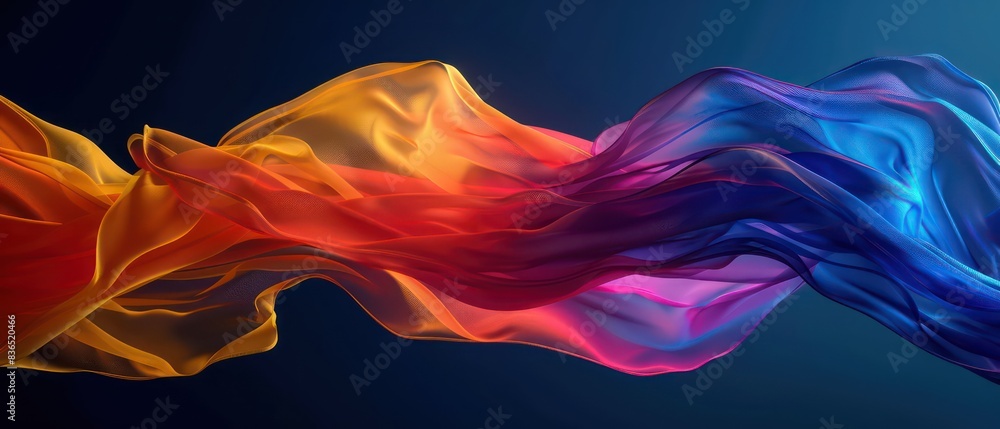 wallpaper with long textile wave flapping in the wind, with vivid iridescent colors on a blue background wallpaper with long textile wave flapping in the wind, with vivid iridescent colors on a blue background