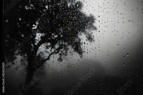 Water drops on a misty window with the silhouette of a tree in the background