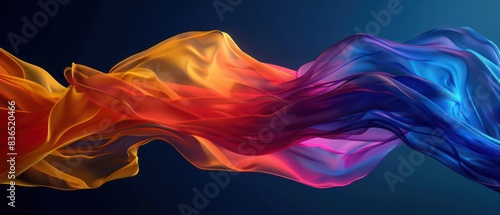wallpaper with long textile wave flapping in the wind, with vivid iridescent colors on a blue background