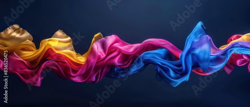 wallpaper with long textile wave flapping in the wind, with vivid iridescent colors on a blue background photo