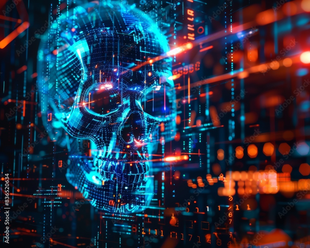 Abstract visualization of a cyber attack with glowing data streams, digital skull, futuristic antivirus software intercepting threats, sci-fi aesthetic
