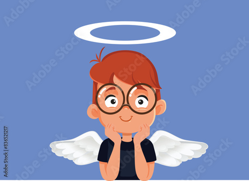 Little Angel Innocent Boy Thinking about Something Vector Cartoon. Cute and adorable toddler smiling behaving nicely 
