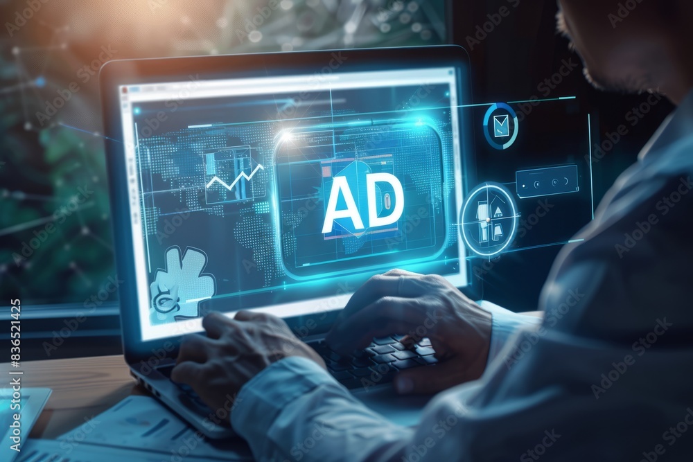 Digital marketing is the concept of selling online, where merchants use laptops to display ads on a glass screen on a virtual transparent background, Digital marketing is the concept of selling online, where merchants use laptops to display ads on a glass screen on a virtual transparent background,