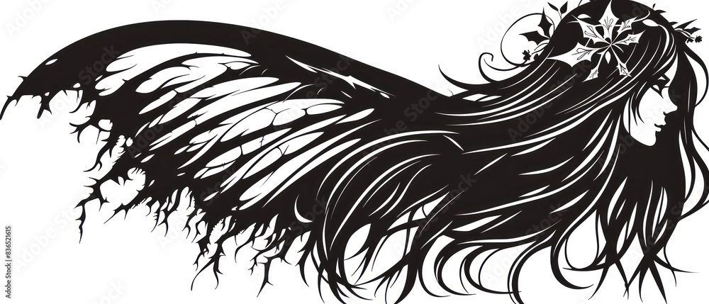snow fairy illustration in black line on a white background snow fairy illustration in black line on a white background