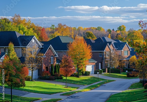 A charming suburban neighborhood with pristine homes, capturing the essence of homeowner's insurance in offering protection and peace of mind for residents in a secure and well-maintained community.