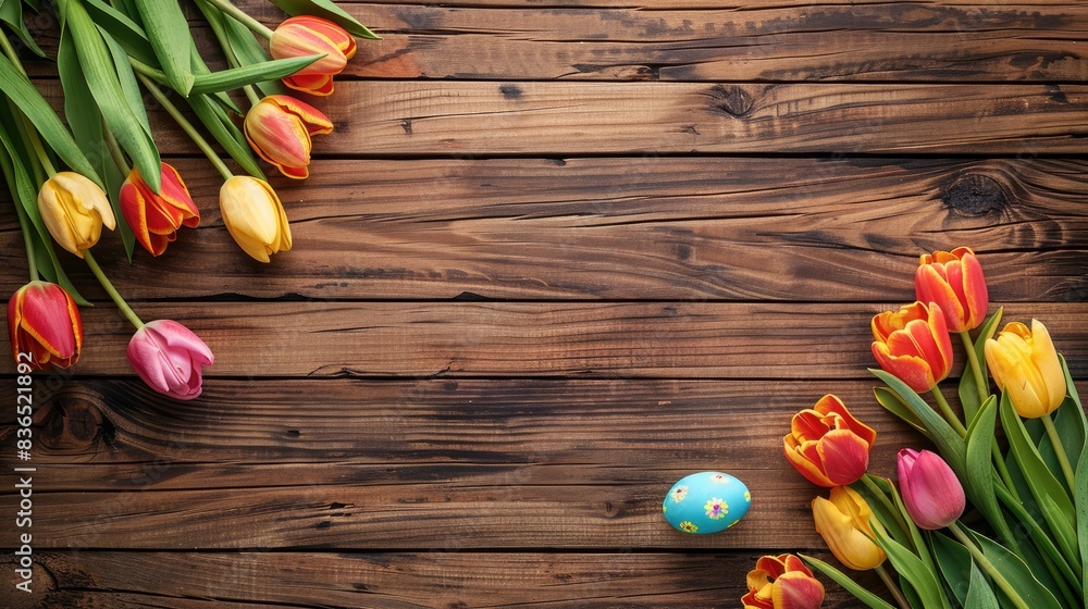 Easter eggs and vibrant tulips on a wooden surface from above