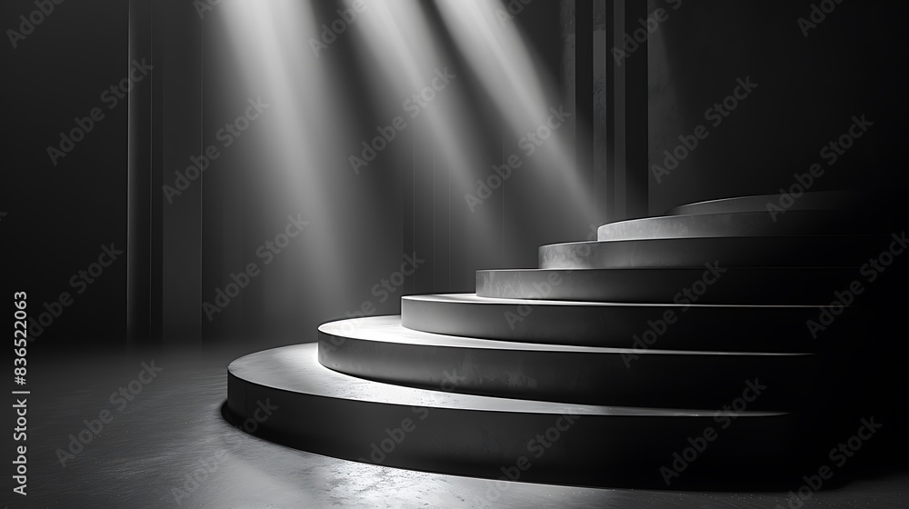 Obraz premium Modern podium background with sleek, minimalist design. Monochrome color scheme with soft spotlights illuminating the podium