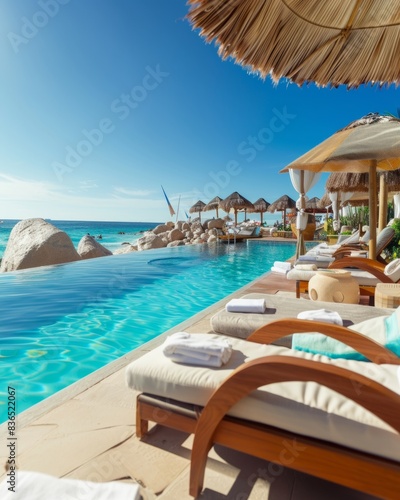 Opulent Beachside Resort Scene with Infinity Pools and Cabanas - Luxury Travel Photography