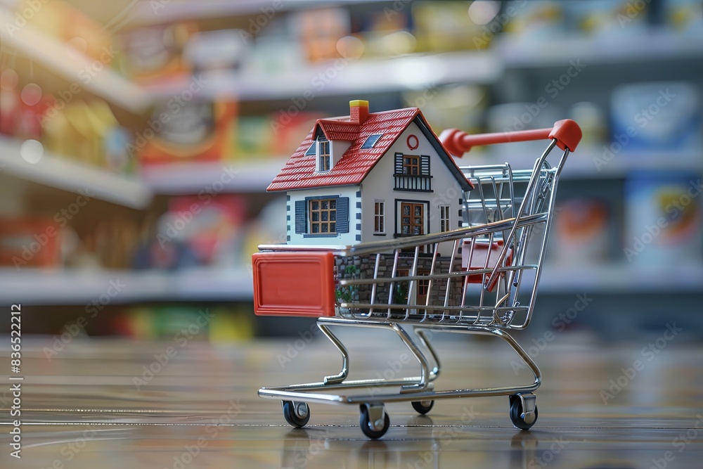 Miniature house on shopping cart with real estate shelves in background. Home market activity concept Miniature house on shopping cart with real estate shelves in background. Home market activity concept