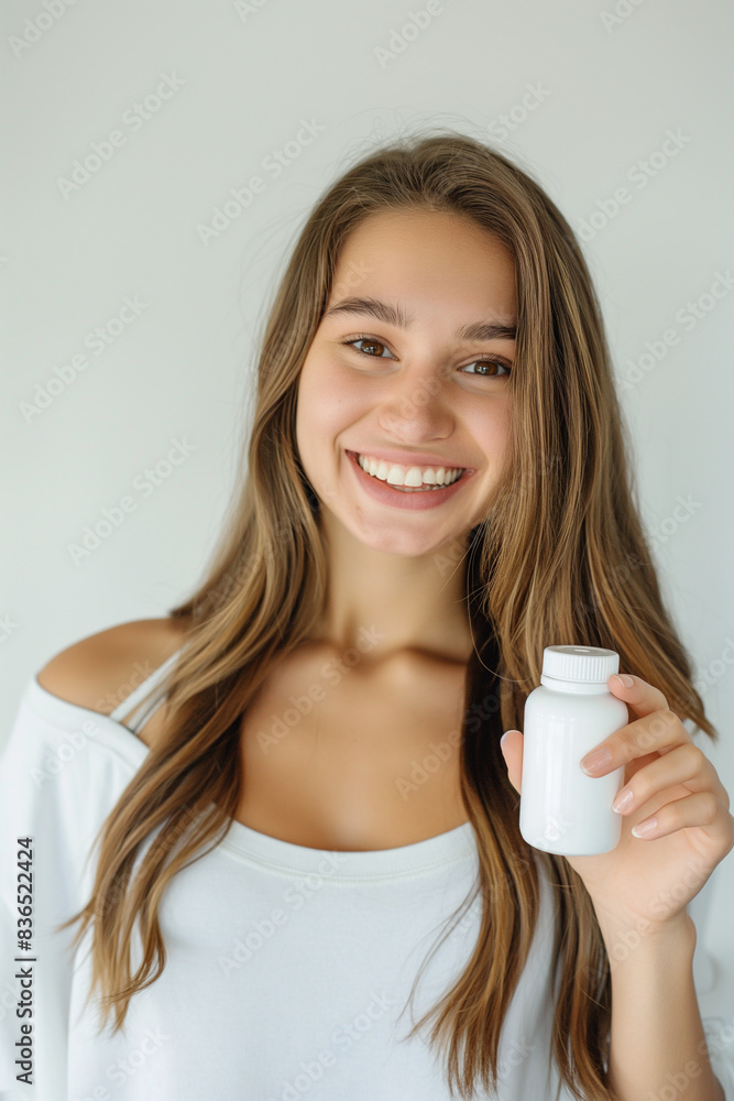 A smiling young Woman with a white jar in her hand on a white background. Photos for advertising medicines and biologically active additives. A smiling young Woman with a white jar in her hand on a white background. Photos for advertising medicines and biologically active additives.