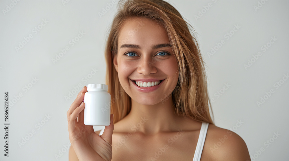 A smiling young Woman with a white jar in her hand on a white background. Photos for advertising medicines and biologically active additives. A smiling young Woman with a white jar in her hand on a white background. Photos for advertising medicines and biologically active additives.