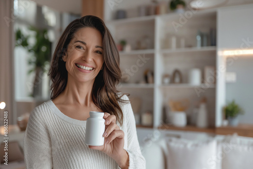 A smiling 45-year-old woman with a white jar in her hand is standing in the living room. Photos for advertising medicines and biologically active additives.