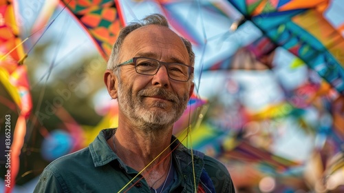 The picture of the kite designer that has been surrounded with the various colourful design of the kite, the kite designer require skill like creative, crafting skill, design skill, knowledge. AIG43.