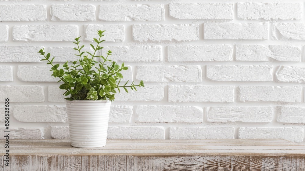 White brick wall with a small plant on a table, leaving ample space for text White brick wall with a small plant on a table, leaving ample space for text