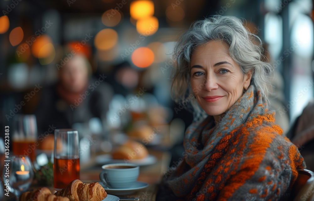 Senior woman smiling with friends, enjoying coffee and croissants at a modern cafe table Senior woman smiling with friends, enjoying coffee and croissants at a modern cafe table