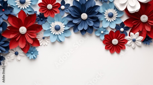 Vibrant paper flowers in red, white, and blue create a patriotic floral design on a white background, offering a festive and creative decoration.