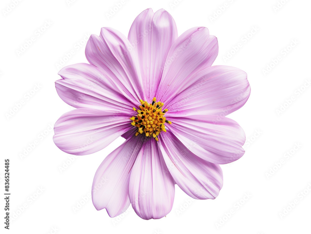 Close-up of a vibrant pink flower with delicate petals and a yellow center isolated on a white background.