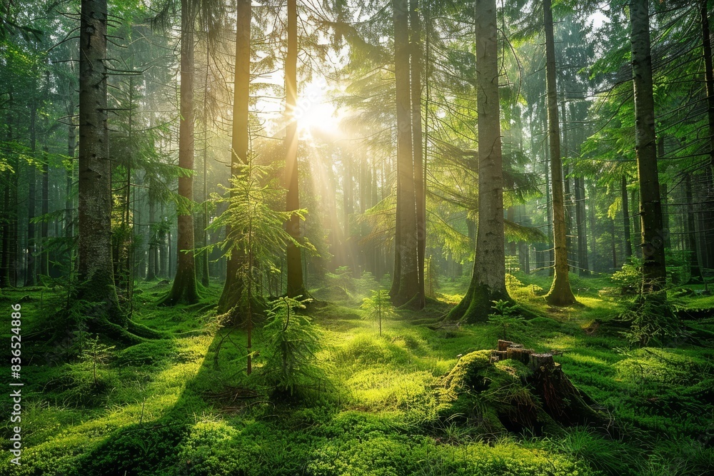 A lush forest filled with numerous trees, illuminated by a radiant sunbeam piercing through the canopies.
A lush forest filled with numerous trees, illuminated by a radiant sunbeam piercing through the canopies.