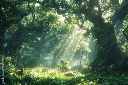 A lush forest filled with numerous trees, illuminated by a radiant sunbeam piercing through the canopies.






