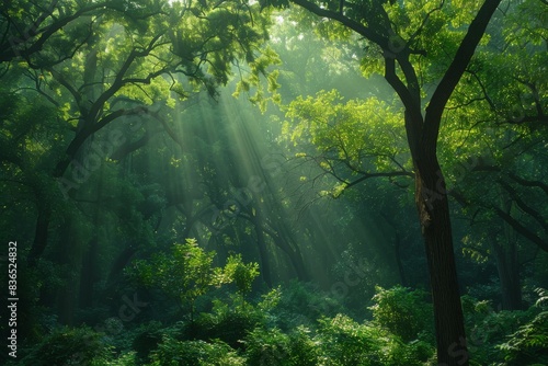 A lush forest filled with numerous trees  illuminated by a radiant sunbeam piercing through the canopies.       