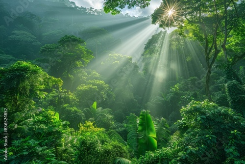 A lush forest filled with numerous trees  illuminated by a radiant sunbeam piercing through the canopies.       