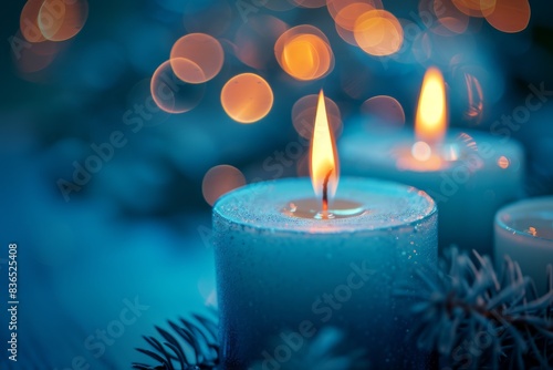 A close-up view of burning candles set against a serene blue background  creating a calm and peaceful atmosphere.       