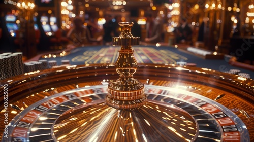 A gleaming steel roulette wheel in motion, surrounded by players watching intently, their faces reflecting anticipation and hope, with a backdrop of a lavish casino interior