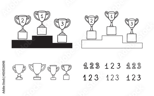 Doodle line trophy winner podium. Winners cups. Drawing icon. 1, 2, 3 place. Win hand drawn style