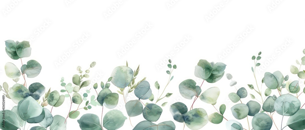 green floral banner with silver dollar eucalyptus and branches leaves in watercolored green isolated on a white background
green floral banner with silver dollar eucalyptus and branches leaves in watercolored green isolated on a white background