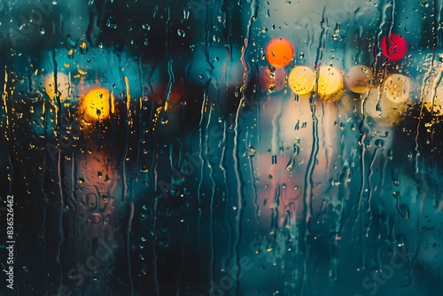 Raindrops racing down a windowpane during a heavy downpour