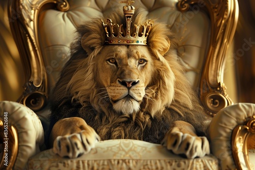 Lion king wearing a crown seated on the throne  embodying majesty and royal power