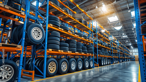 Tire Repository. An orderly arrangement of car tires stored on metal shelves within a spacious industrial warehouse.