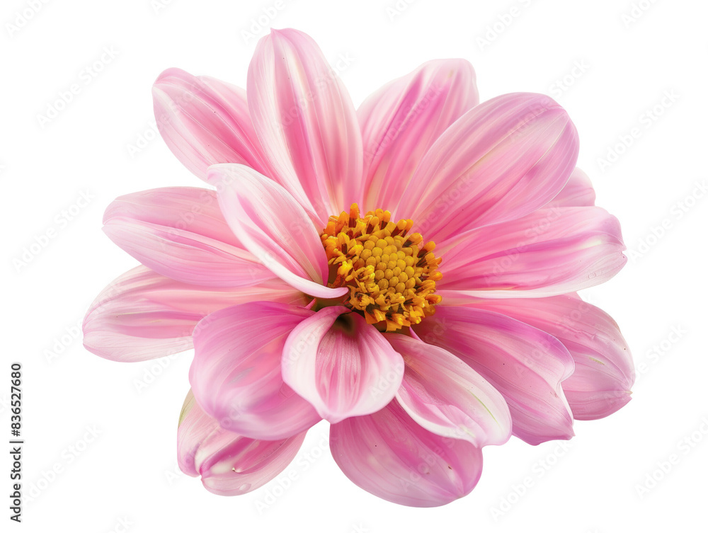 A close-up view of a vibrant pink flower with delicate petals and a detailed yellow center, isolated on a white background. A close-up view of a vibrant pink flower with delicate petals and a detailed yellow center, isolated on a white background.