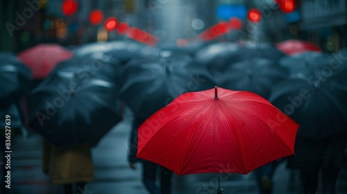 Standout Red Umbrella Amidst Black in Rainy Tokyo  A Symbol of Individuality and Innovation
