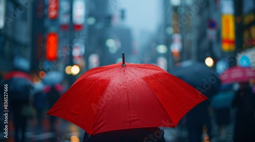 Vibrant Red Umbrella Among Black Umbrellas on a Rainy Day in Tokyo Street  Illustrating Individuality and Innovation