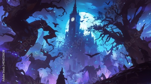 dark fantasy forest with old trees, large clock Tower in the center in the distance,misty surrounding, horror themed