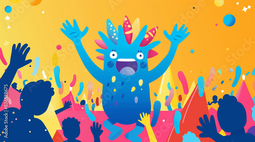 An illustration of a cheerful mascot waving to a crowd, showcasing the excitement and spirit of National Mascot Day, mascot waving, flat design, with copy space © Kateryna