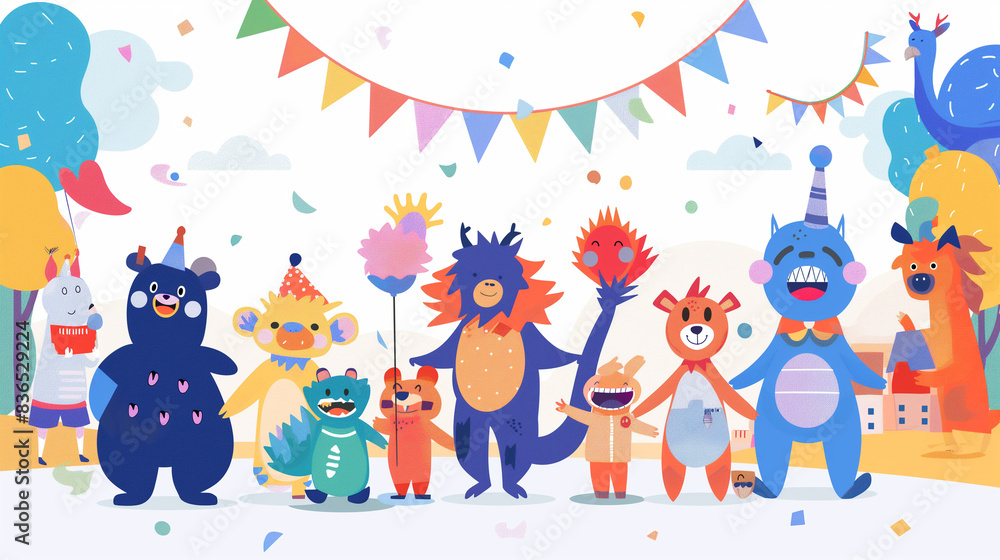 Naklejka premium An illustration of a community event with various mascots from local businesses and organizations, community event, flat design, with copy space, inscription National Mascot Day