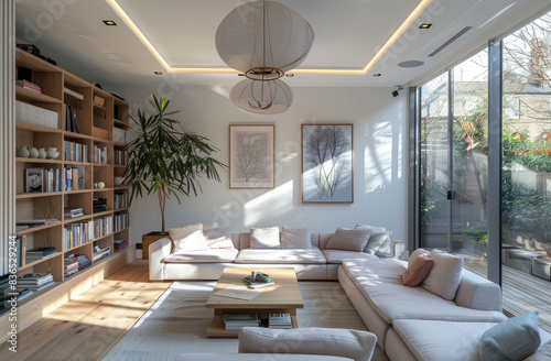 small modern living room in London with a wooden floor, grey sofa and a light pink armchair with a book shelf on the left side of it, white walls, a large window behind the sofa overlooking a garden