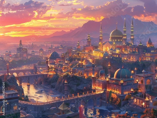 Luxurious Jerusalem at dusk, with ornate palaces, domed buildings and minarets, all illuminated by golden lights