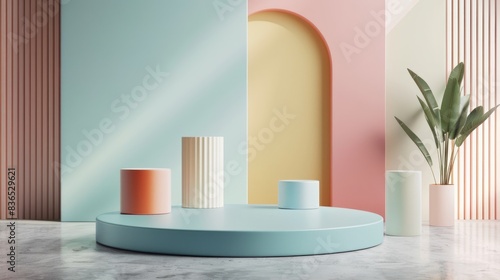 Stand podium wall scene pastel color background, geometric shape for product display presentation. Minimal scene for mockup products, stage showcase, promotion display © Achmad Khoeron